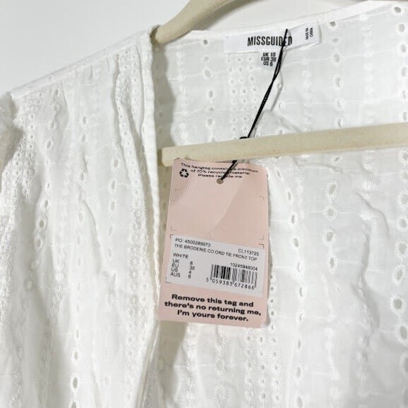 Missguided Women White Cord Broderie Tie Crop Top Eyelet Plunge V-Neck 6 NWT - Picture 5 of 12